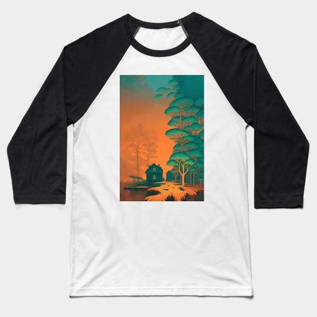 Home in the Orange Mist Forest Baseball T-Shirt by EsoteraArt
